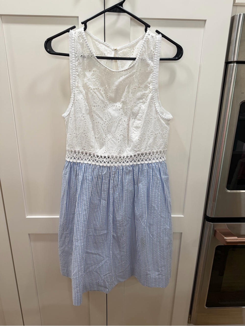 Lilly Pulitzer White Eyelet Bodice with Light Blue Striped Skirt Dress